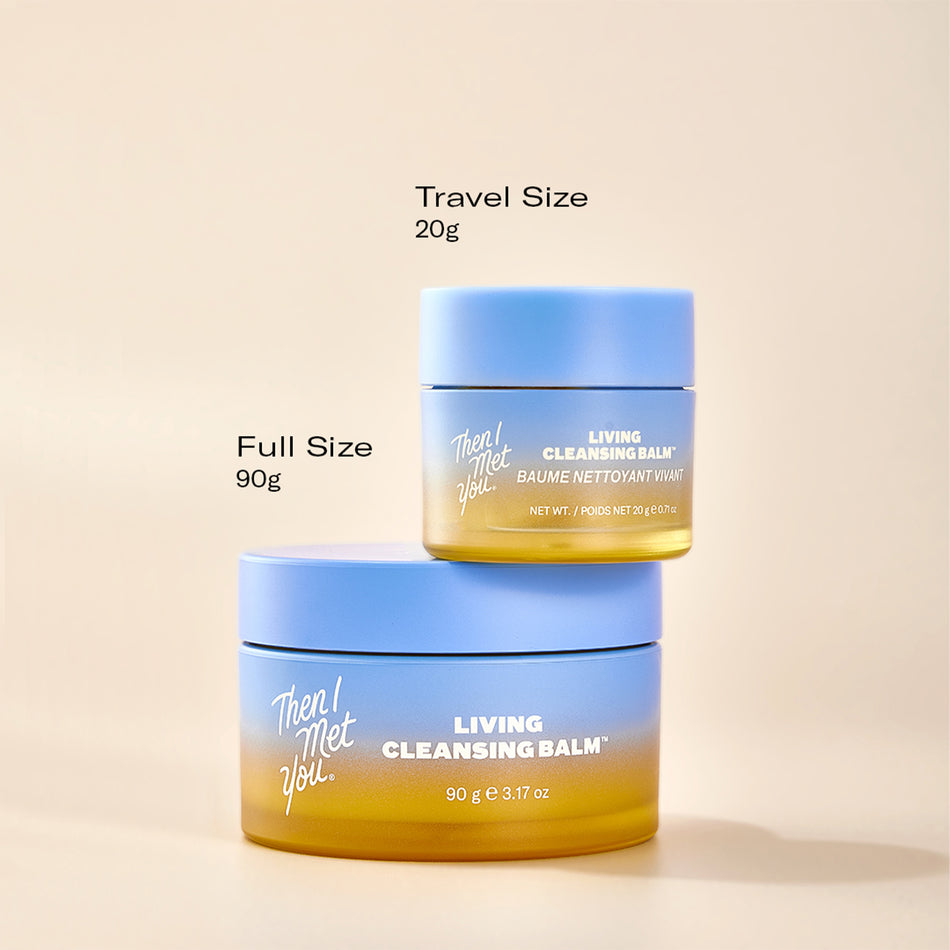 Two Living Cleansing Balm jars, full size 90g with blue lid and amber base, travel size 20g stacked on top.