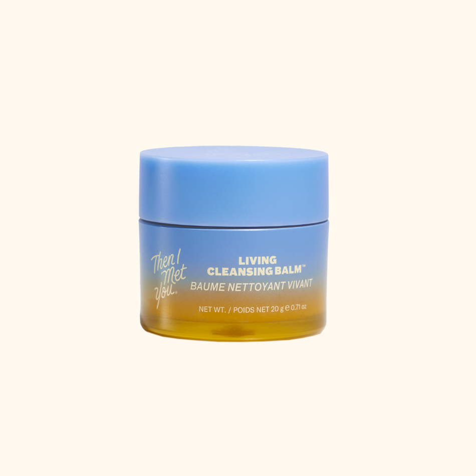 Blue and amber jar of Living Cleansing Balm with white and gold text, 90g size.