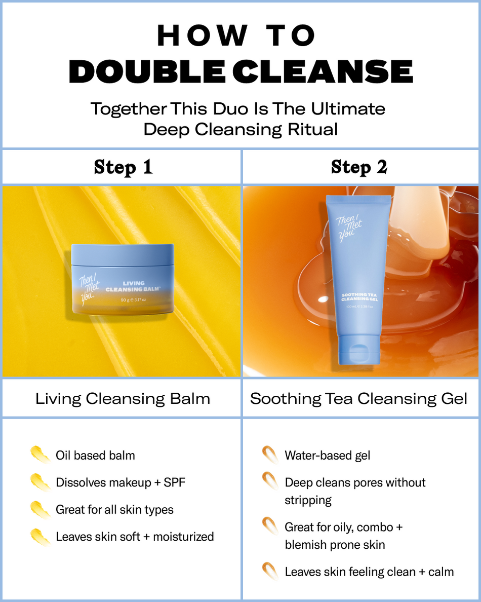 Then I Met You Double Cleanse Duo with Living Cleansing Balm jar and Soothing Tea Cleansing Gel tube against yellow and.