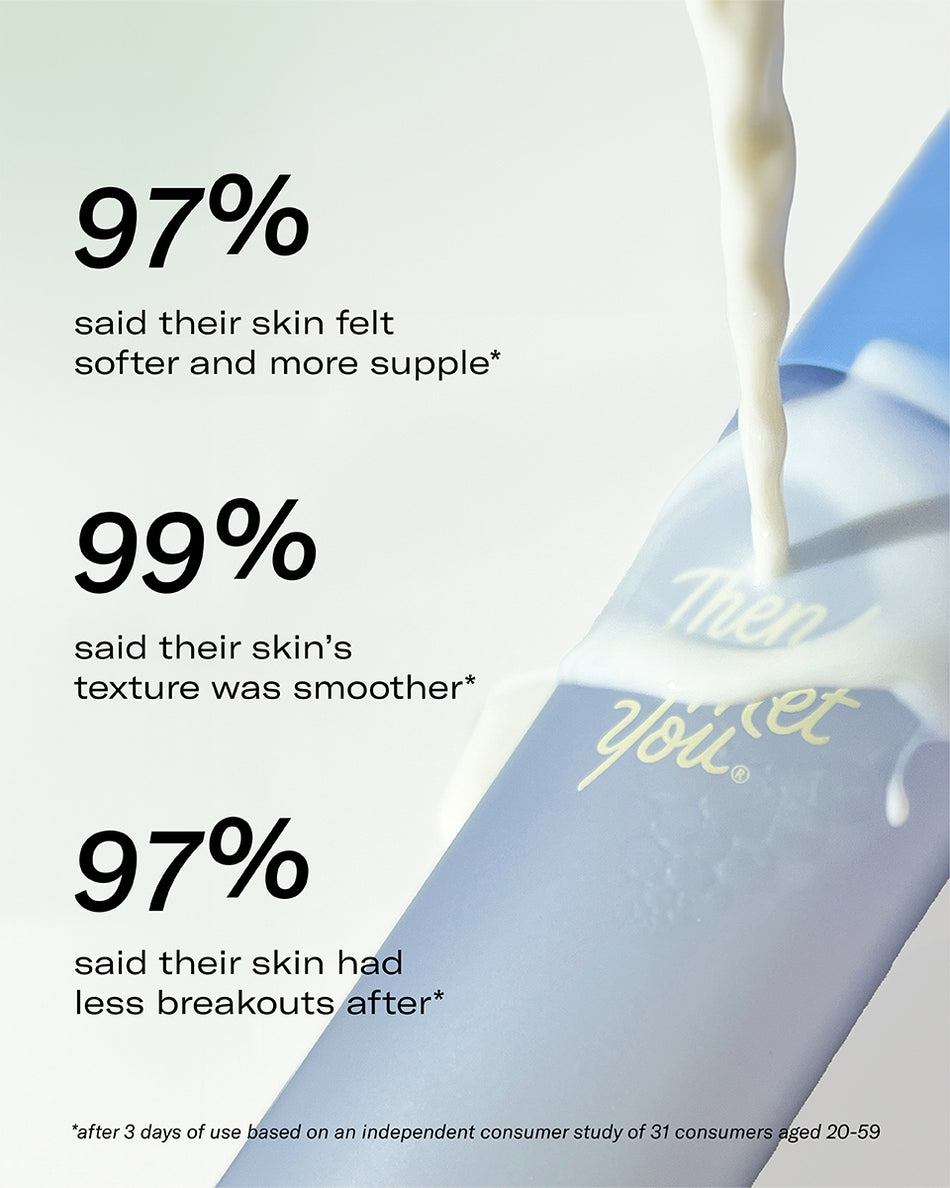 Light blue Birch Milk Refining Toner bottle with milk pouring over it on white background.