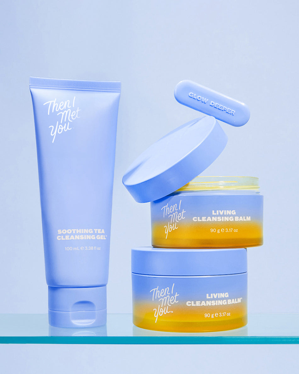 Then I Met You Double Cleanse Duo with lavender cleansing balm jars and matching tube cleanser on glass shelf.
