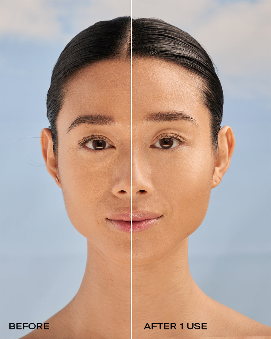Split view of a woman’s face showing even, radiant skin tone after one use of Protect + Purify Duo.