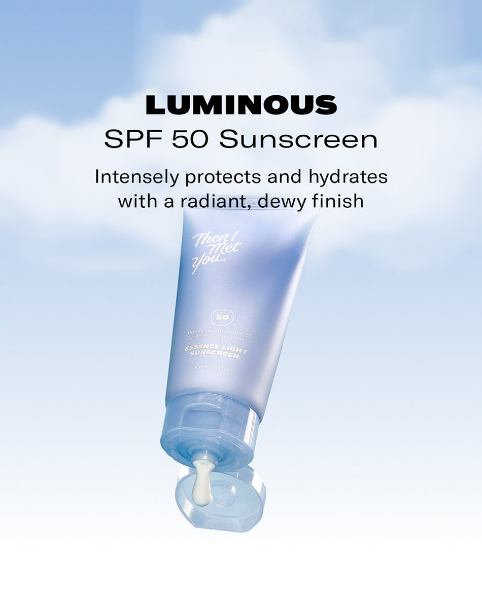 Tube of Essence Light Sunscreen SPF 50 PA+++ with blue gradient and luminous branding.