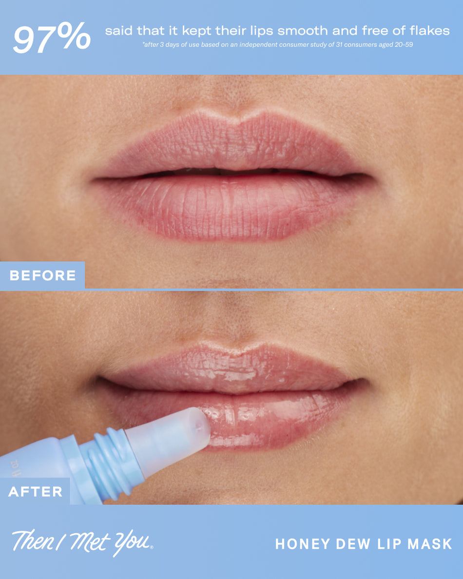 Close-up of lips before and after applying clear, glossy Honey Dew Lip Mask with blue applicator tip.