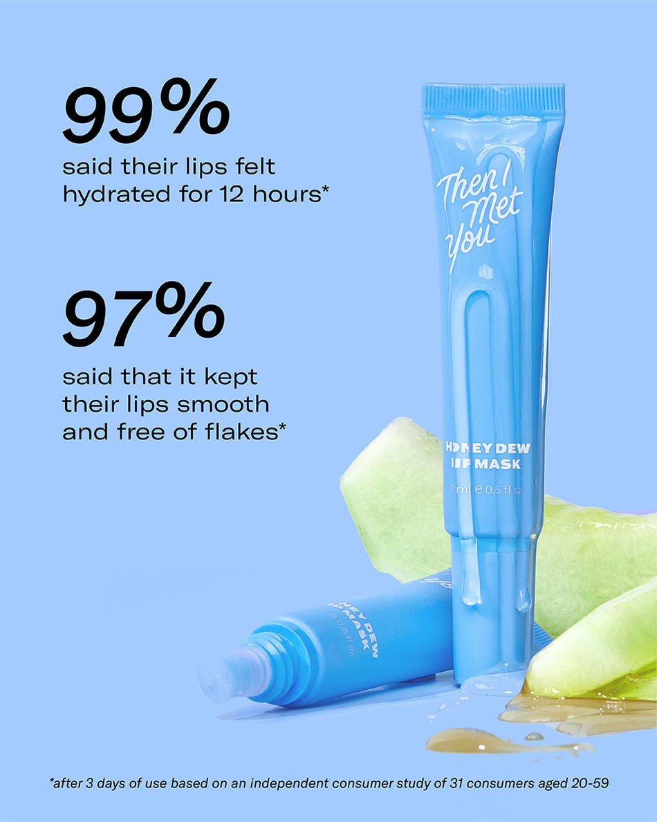 Then I Met You bright blue tube lip mask with white script branding, shown upright with a smaller tube lying down and green.