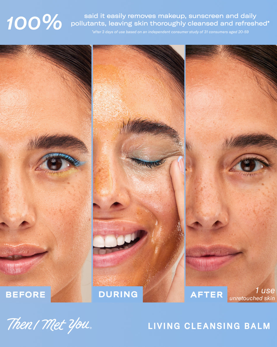 Three-panel facial close-up showing before, during, and after using Living Cleansing Balm on clear skin.