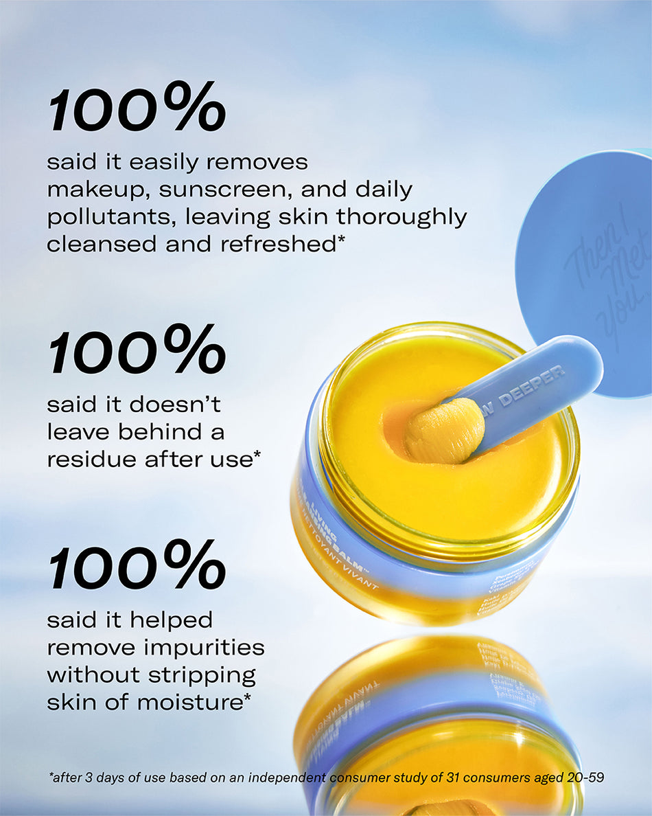 Open jar of bright yellow cleansing balm with blue spatula resting inside against light blue background with skincare claims .