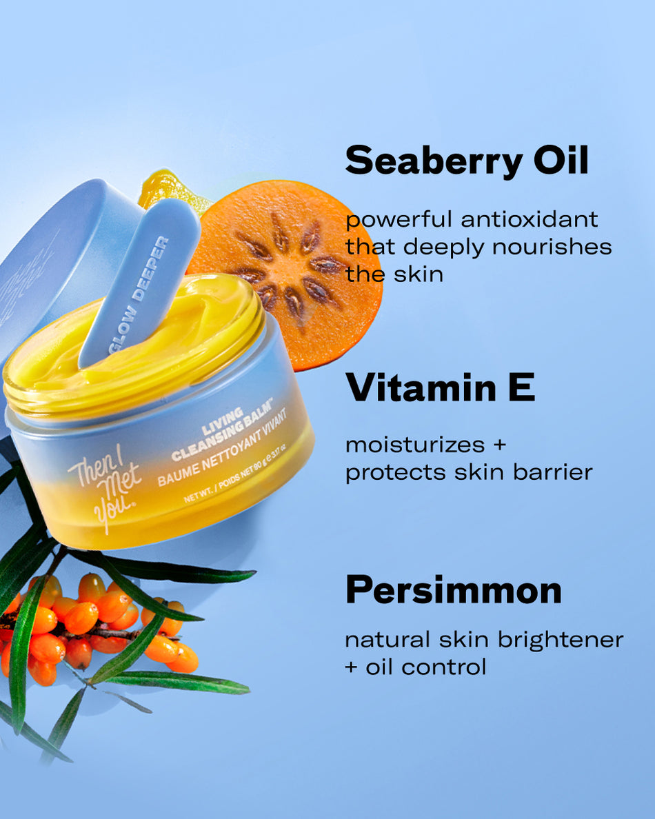 Open jar of yellow cleansing balm with blue spatula, surrounded by sea buckthorn berries, persimmon, and text highlighting.