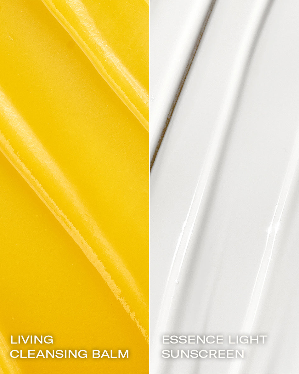 Yellow creamy balm texture next to smooth white gel texture on white background.