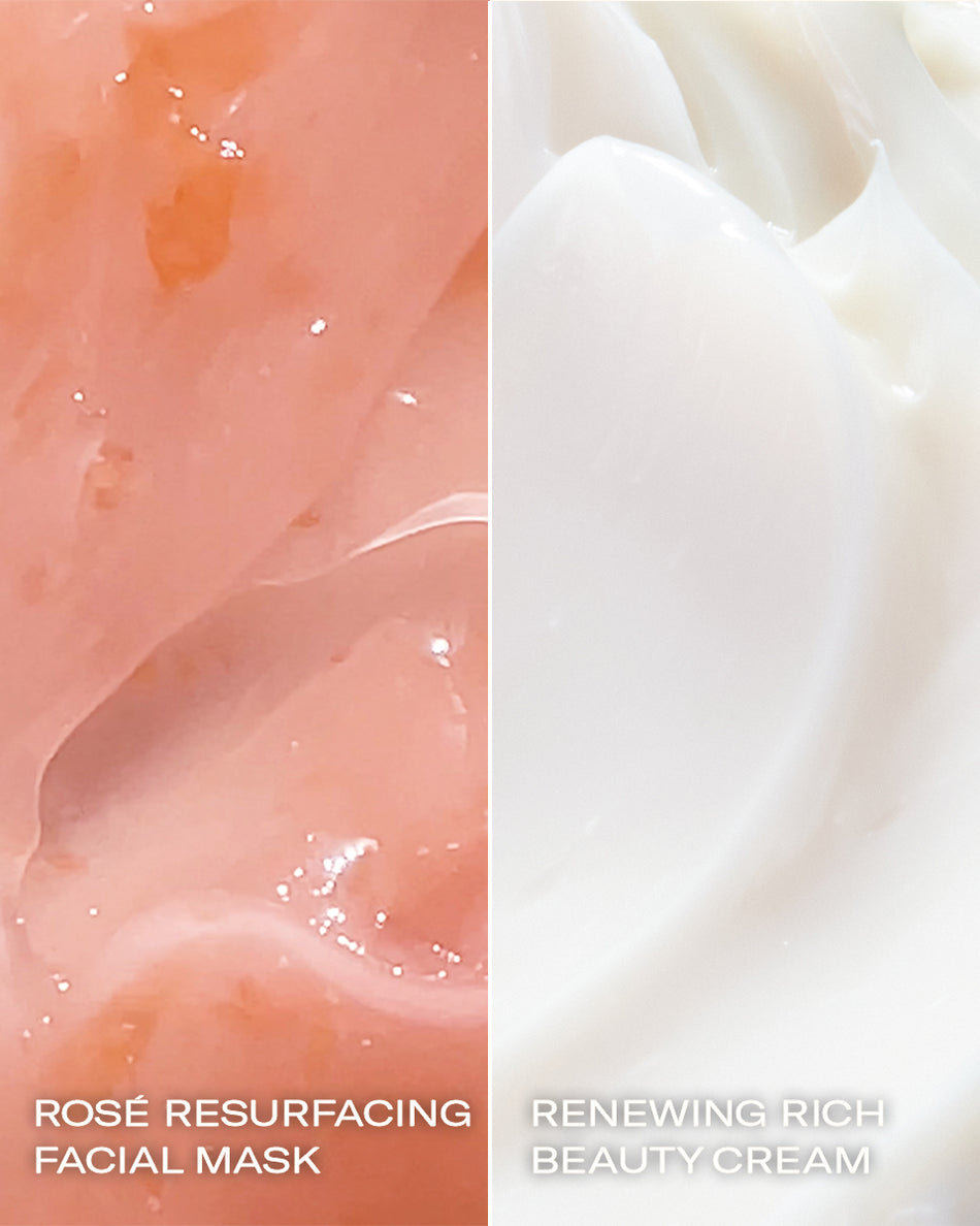Close-up of glossy pink gel texture for rose resurfacing facial mask and creamy white texture for renewing rich moisturizer.