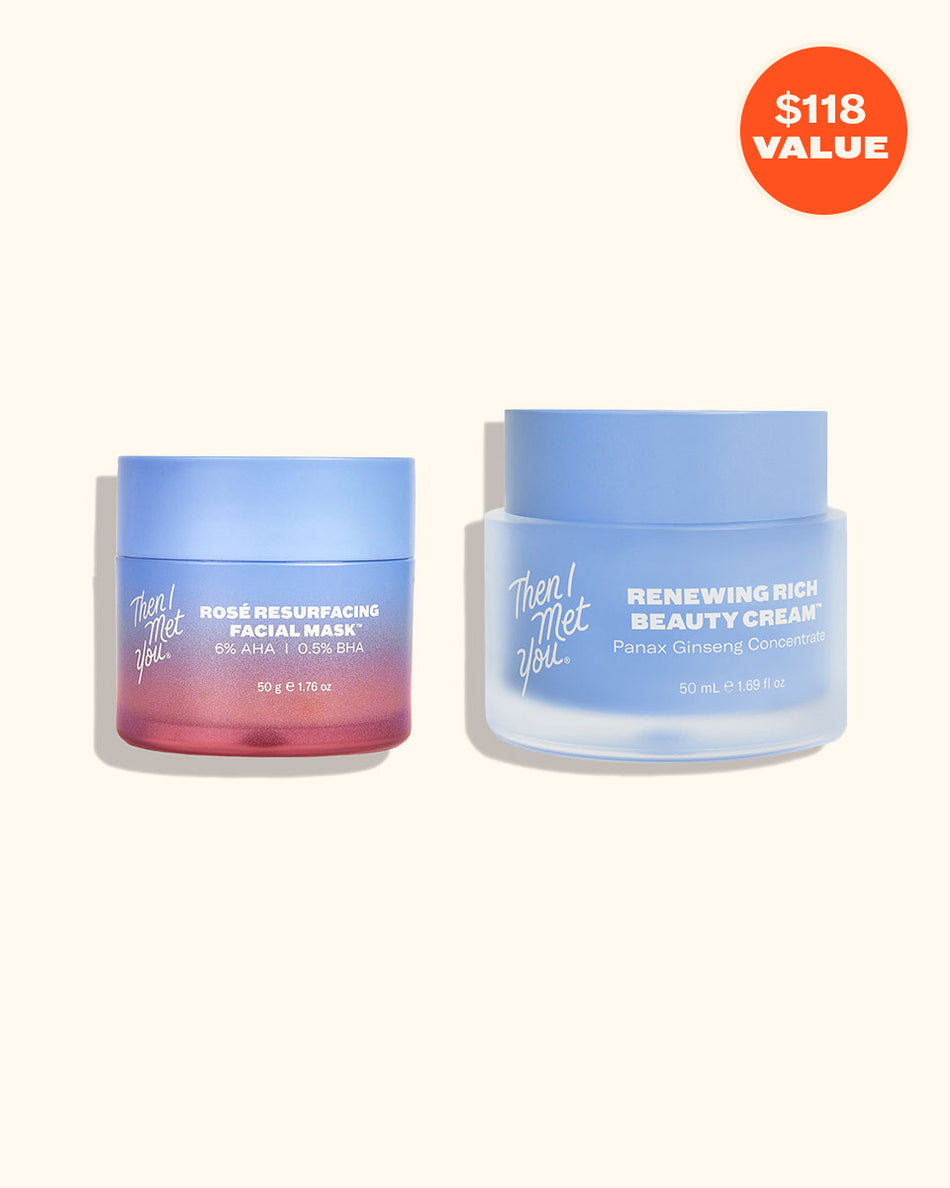 Two skincare jars from The Renewing Duo set, one blue and white labeled cream, one pink and blue labeled balm mask, on a.