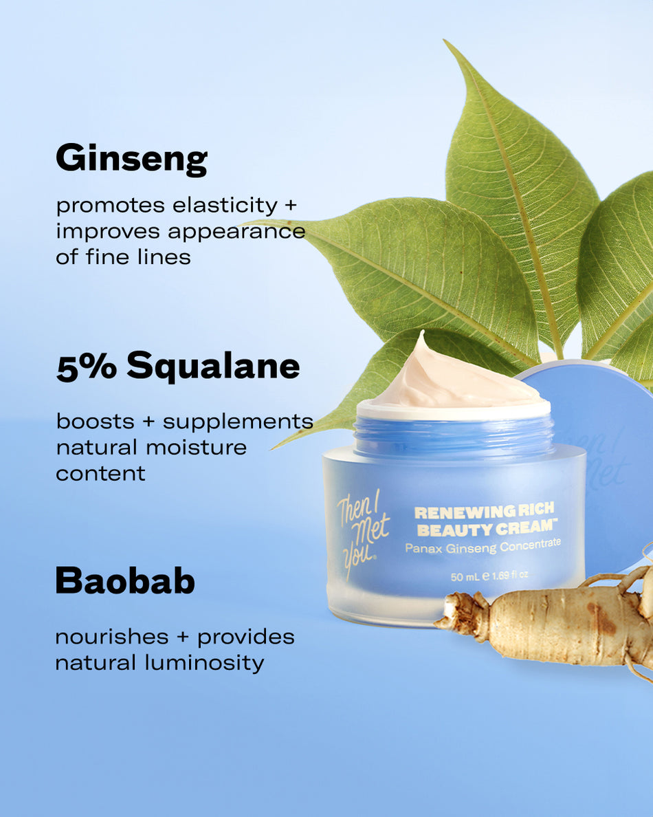 Open jar of Renewing Rich Beauty Cream with creamy white texture, blue container, ginseng leaves, and baobab root on blue.