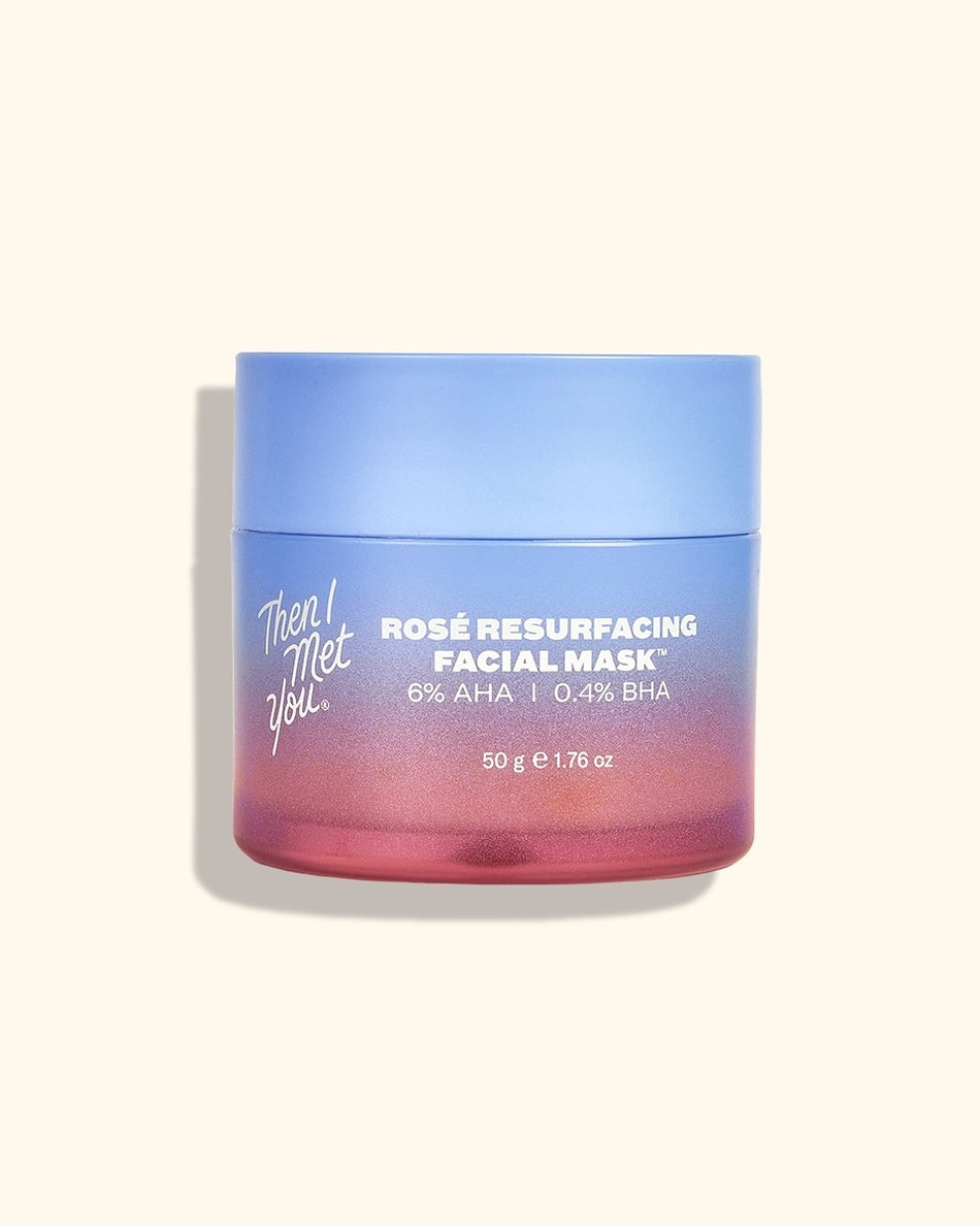 Rosé resurfacing facial mask in pink-to-blue gradient jar with white text and blue lid.