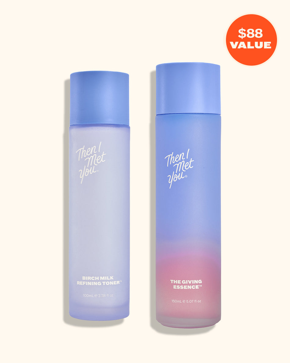 Two gradient blue to pink skincare bottles with white text labeled The Skin Balancing Duo.