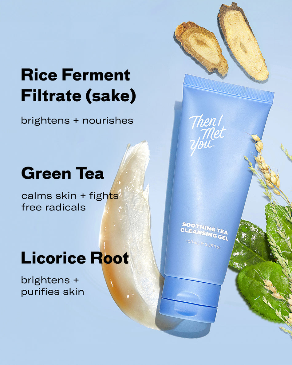 Light blue tube of Soothing Tea Cleansing Gel with botanical ingredients and clear gel on blue background.