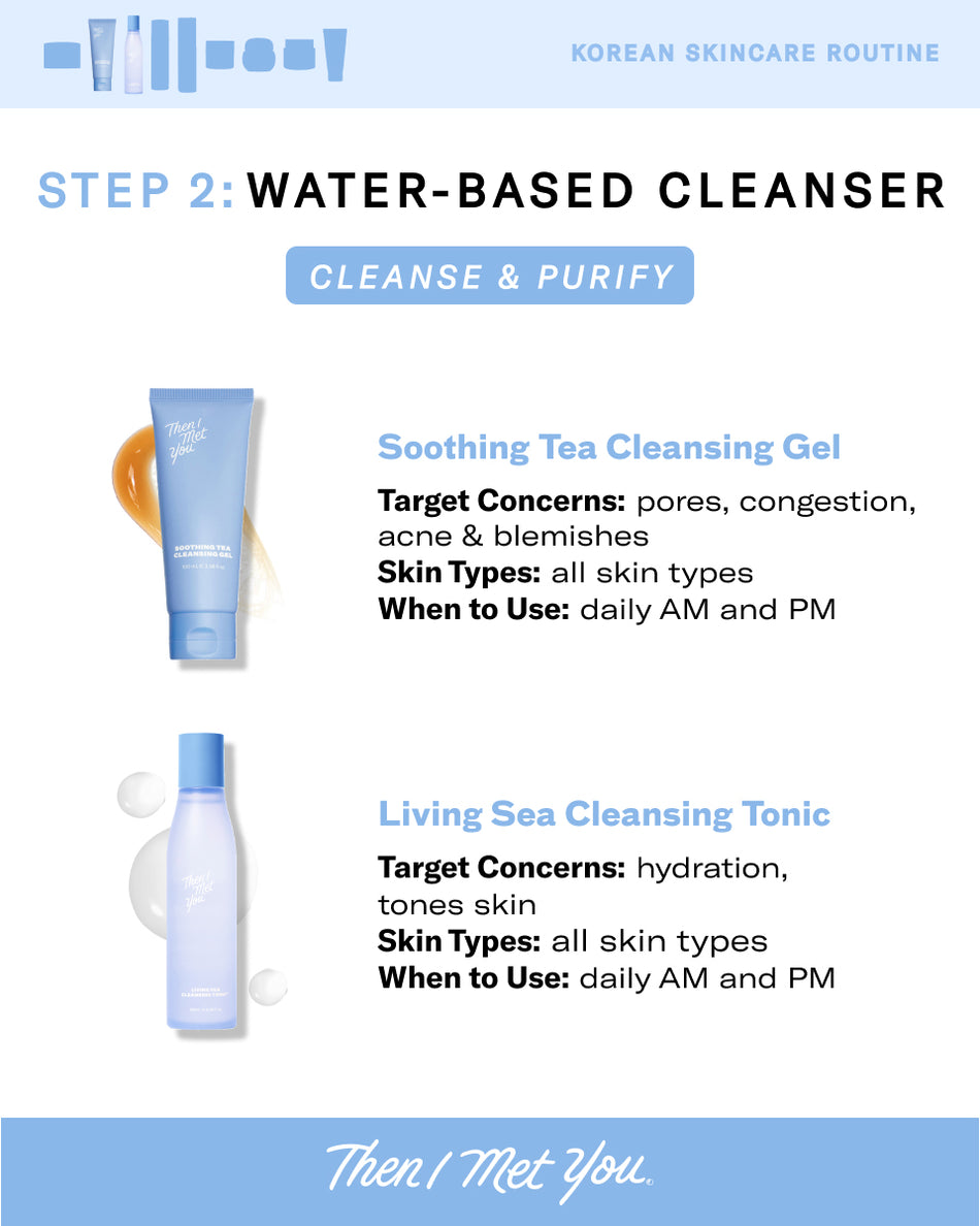 Blue tube of Soothing Tea Cleansing Gel with white cap and Korean skincare branding.