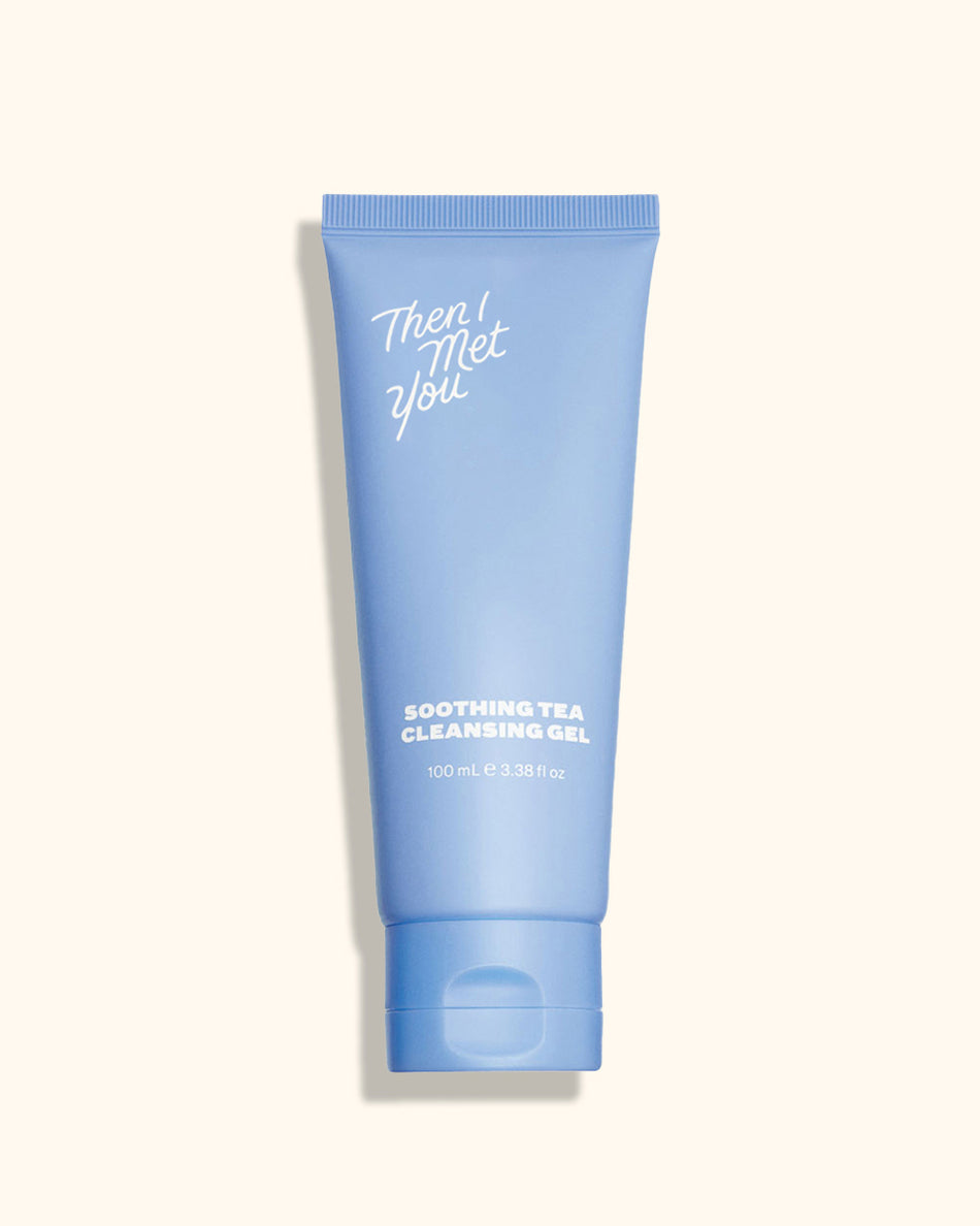 Light blue tube of Soothing Tea Cleansing Gel with white text and flip-top cap.