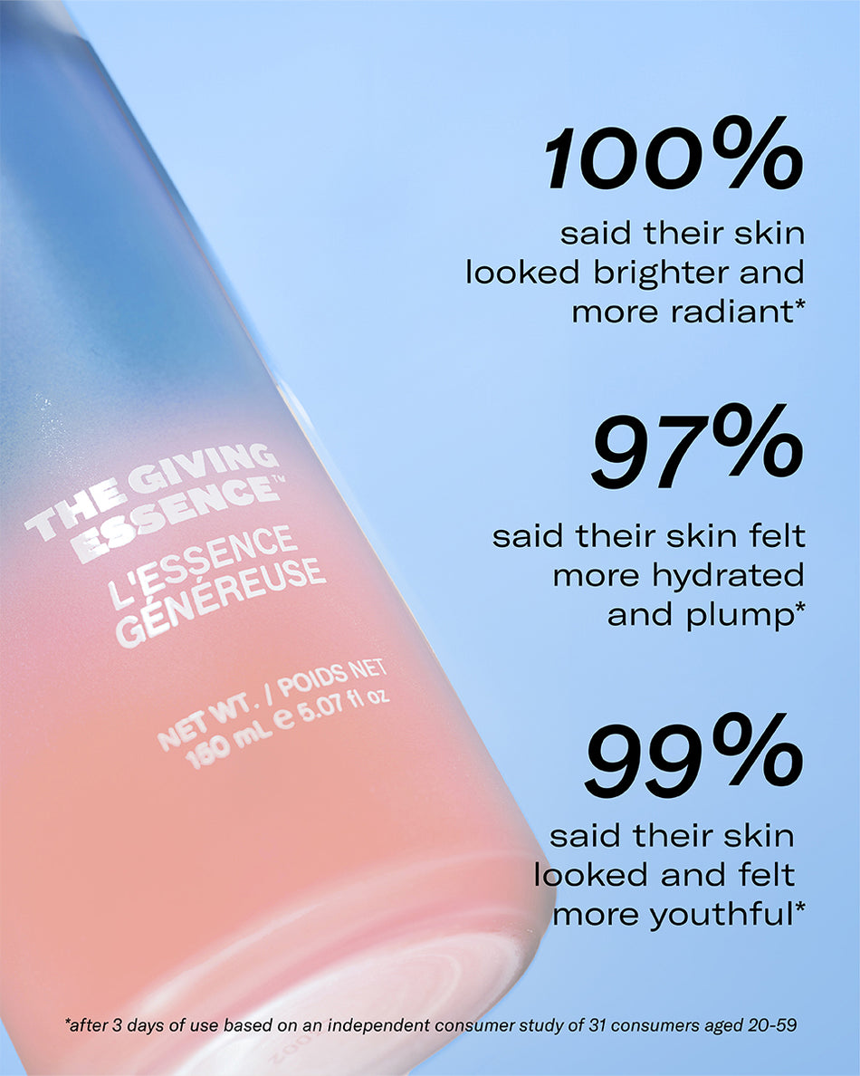 Glowing pink jar of The Giving Essence on blue gradient background with hydration and brightness stats.