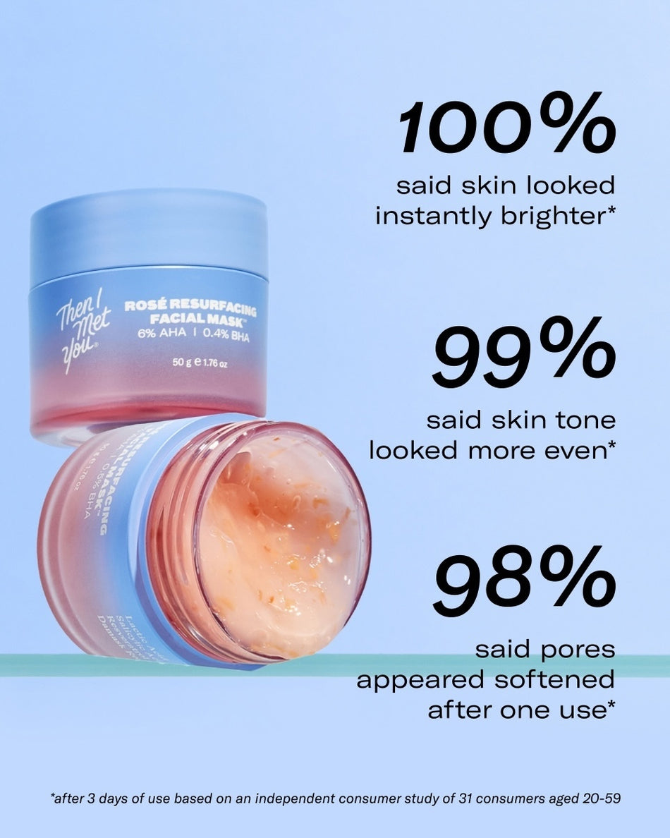 Two pink Rosé Resurfacing Facial Mask jars, one closed and one open showing textured gel with rose gold shimmer on a blue.