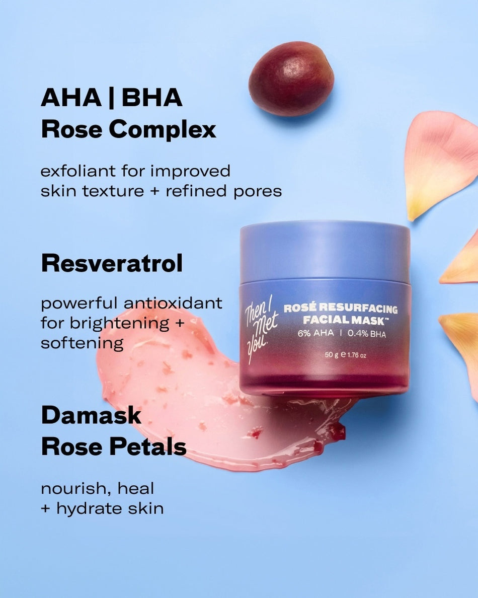 Jar of Rosé Resurfacing Facial Mask with rose petals and a grape on a blue background.