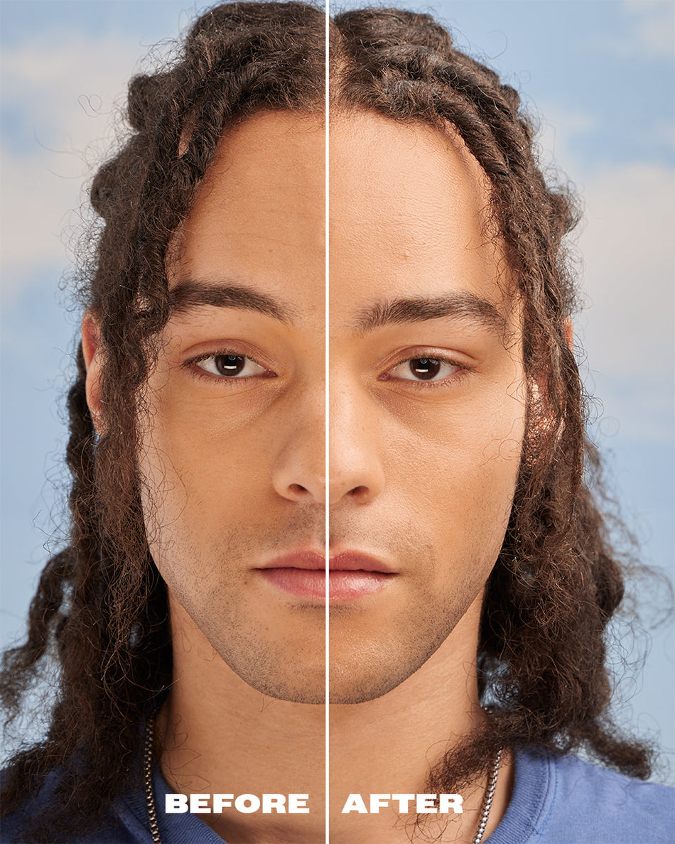 Split-face close-up of a man showing skin before and after applying Essence Light Sunscreen SPF 50 PA+++.