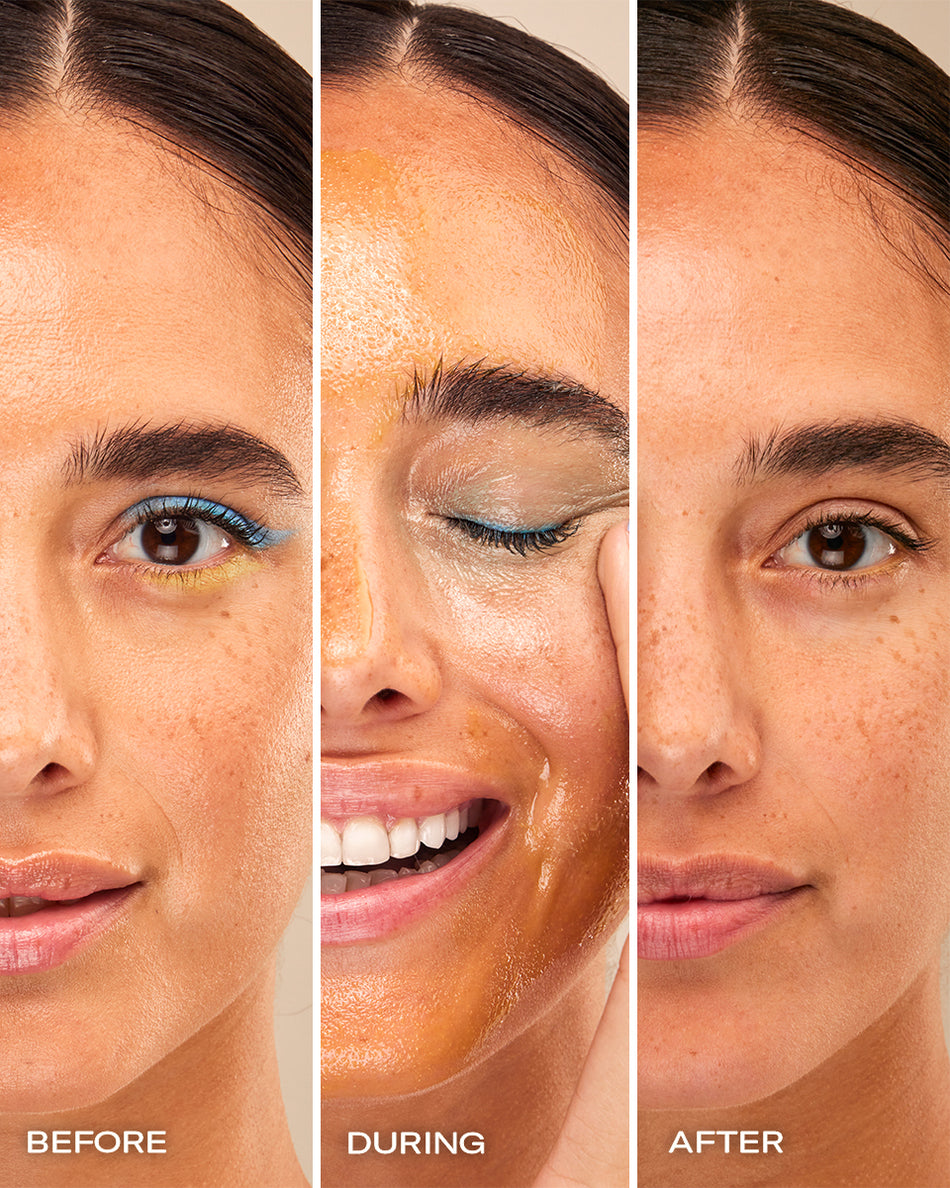 Triptych showing woman’s face before, during, and after using skincare product with clean, glowing skin after use.