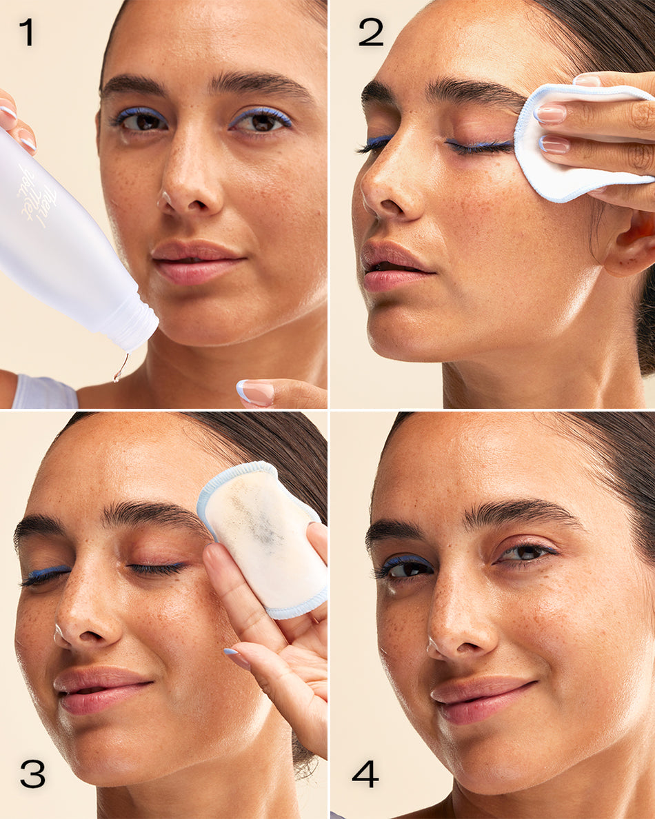 Woman demonstrating skincare routine using a clear bottle with white cap and cotton pad on her face.