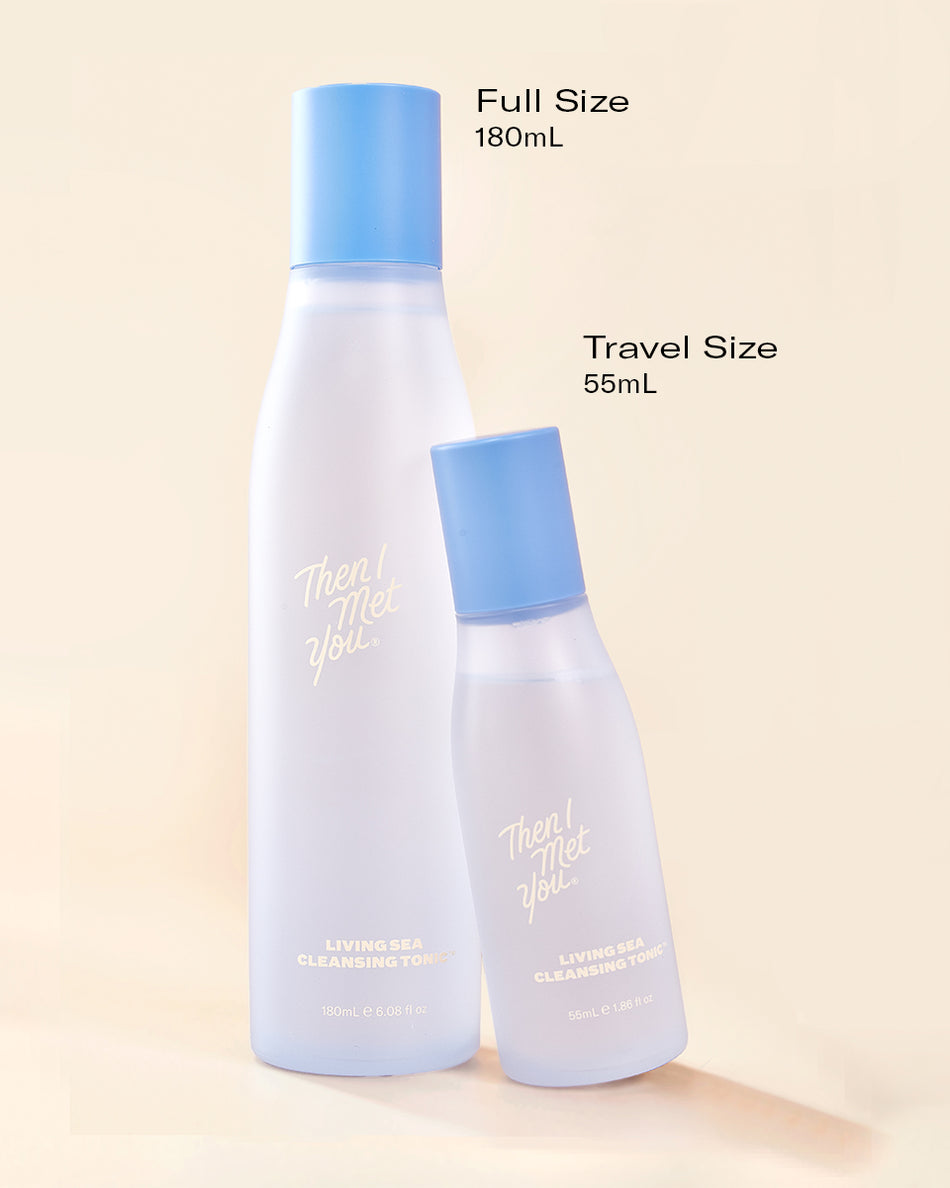 Two light blue translucent bottles with blue caps, labeled Living Sea Cleansing Tonic, one 180 mL and one 55 mL travel size.