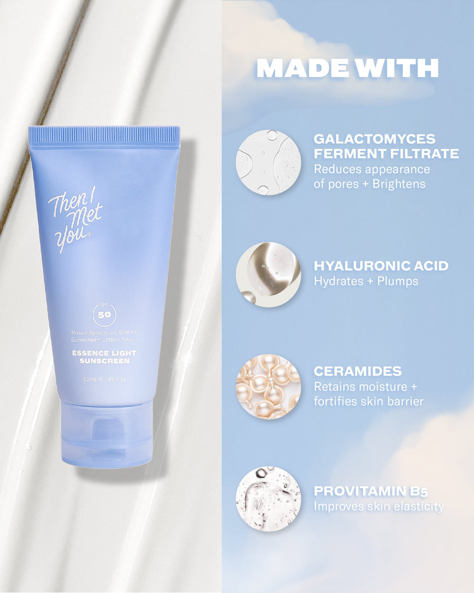 Light blue tube of Essence Light Sunscreen SPF 50 with white text and skincare ingredient icons on soft beige background.