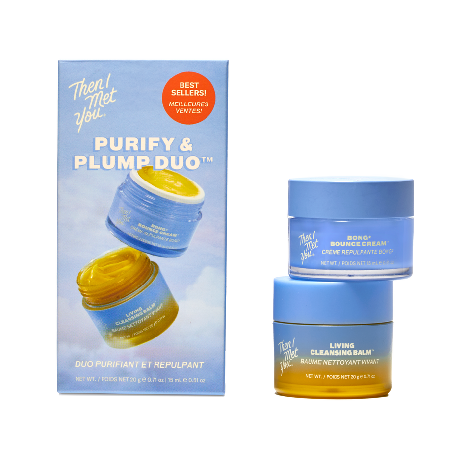 Purify & Plump Duo Set with blue and yellow skincare jars stacked on a soft blue background.