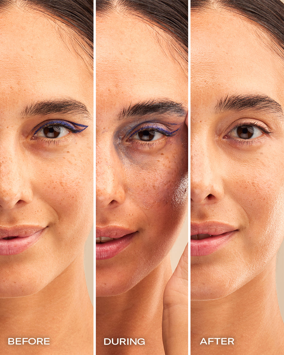 Triptych showing a woman’s face before, during, and after using a cleansing product with visible balm application and clear.