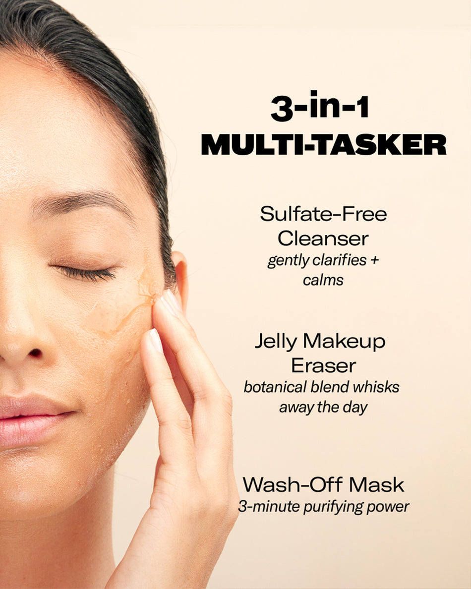 Soothing Tea Cleansing Gel applied on woman's face with smooth texture and light orange tint.