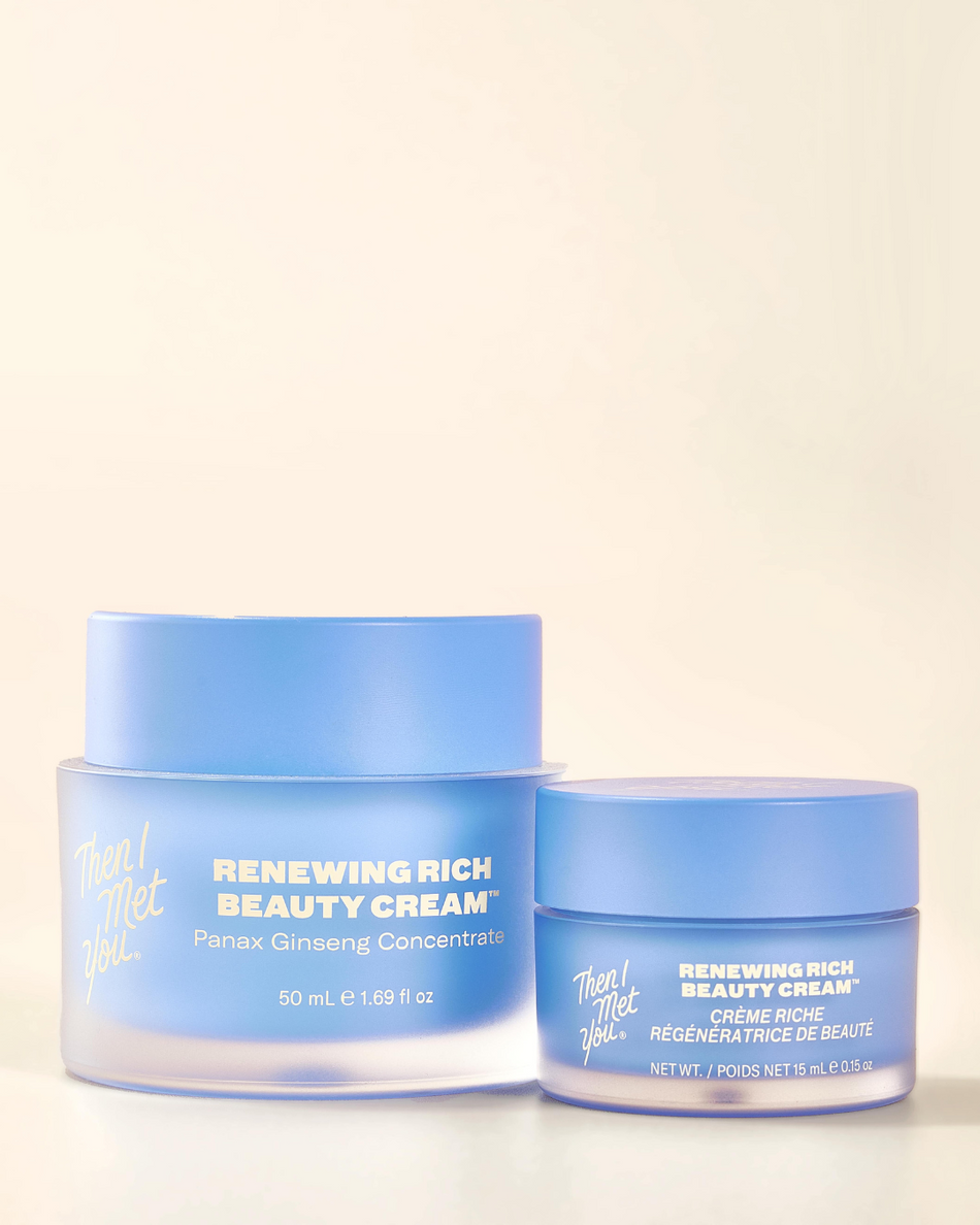 Two blue jars of Renewing Rich Beauty Cream on a beige background, one larger and one smaller with white text and gold.
