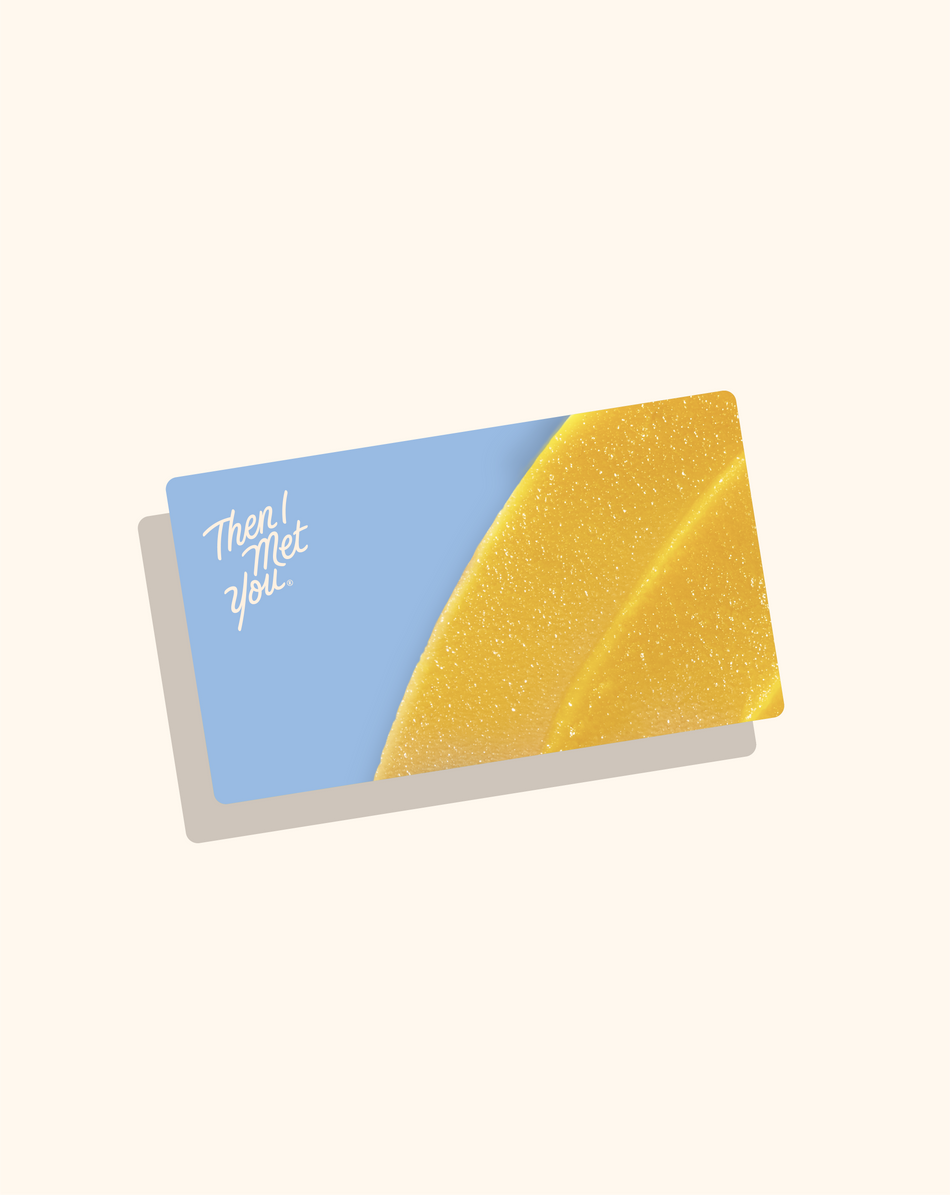 Blue and gold glittery E-Gift Card with "Thank You" text in white cursive font.
