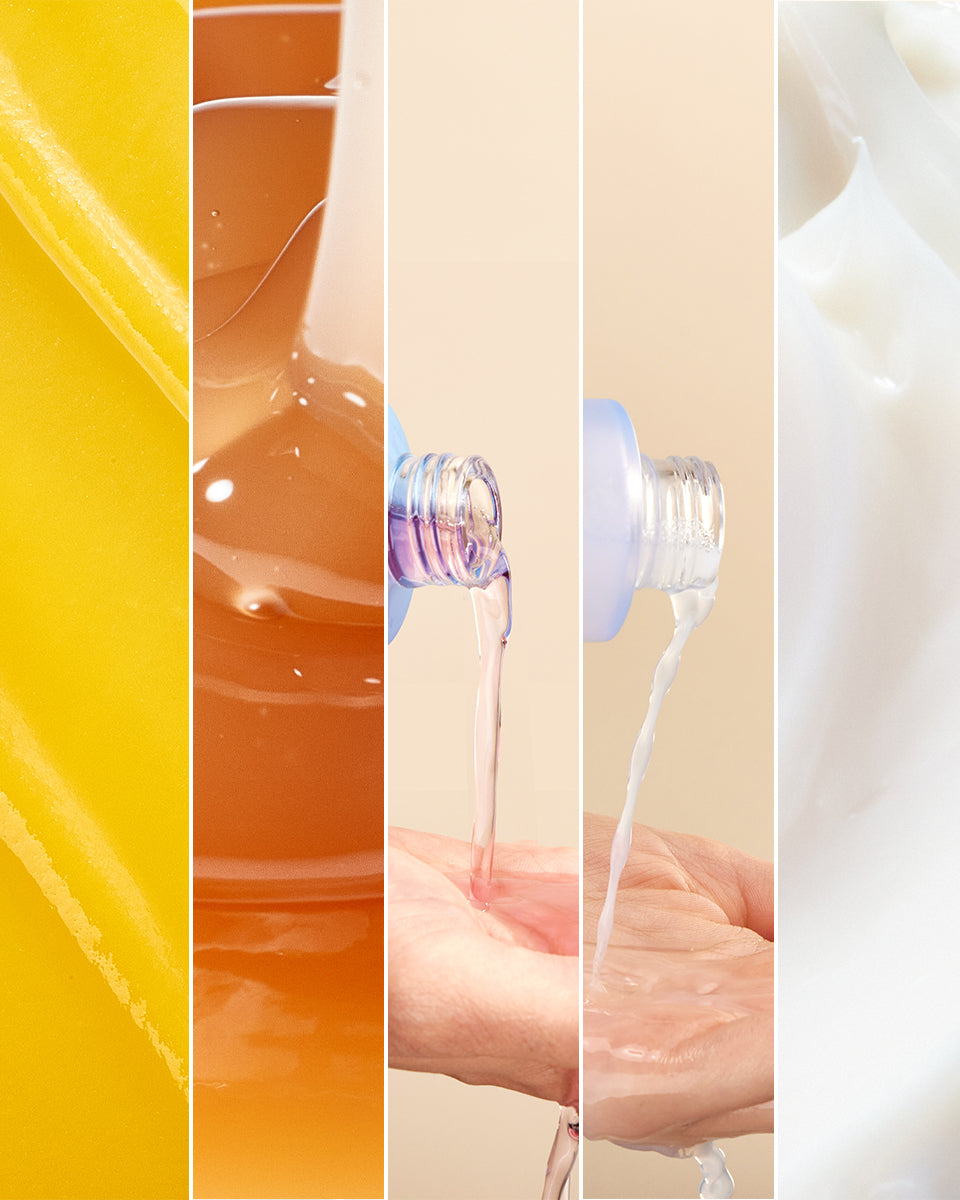 Close-up of various skincare textures including yellow gel, honey-like liquid, clear serum being poured onto hand, and white .